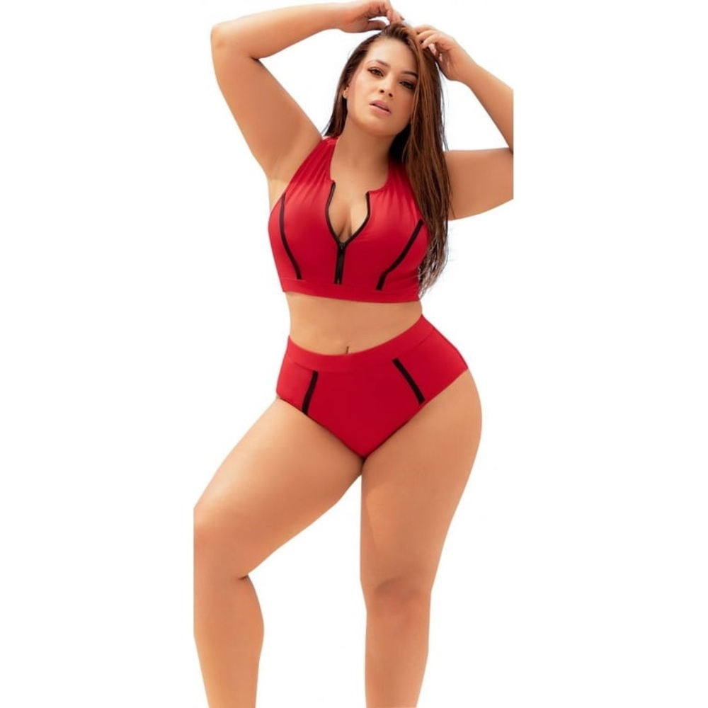 Red High-Waist Zip-Front Bikini Set